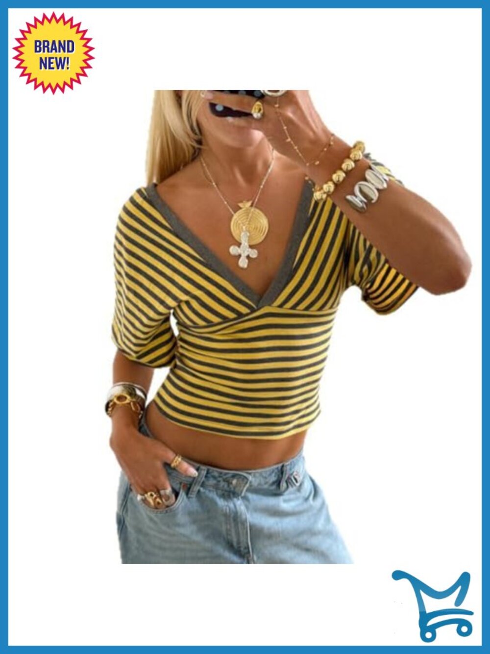 Womens Striped V Neck Short Sleeve Blouse Crop Top Trendy Y2K Summer Going Out